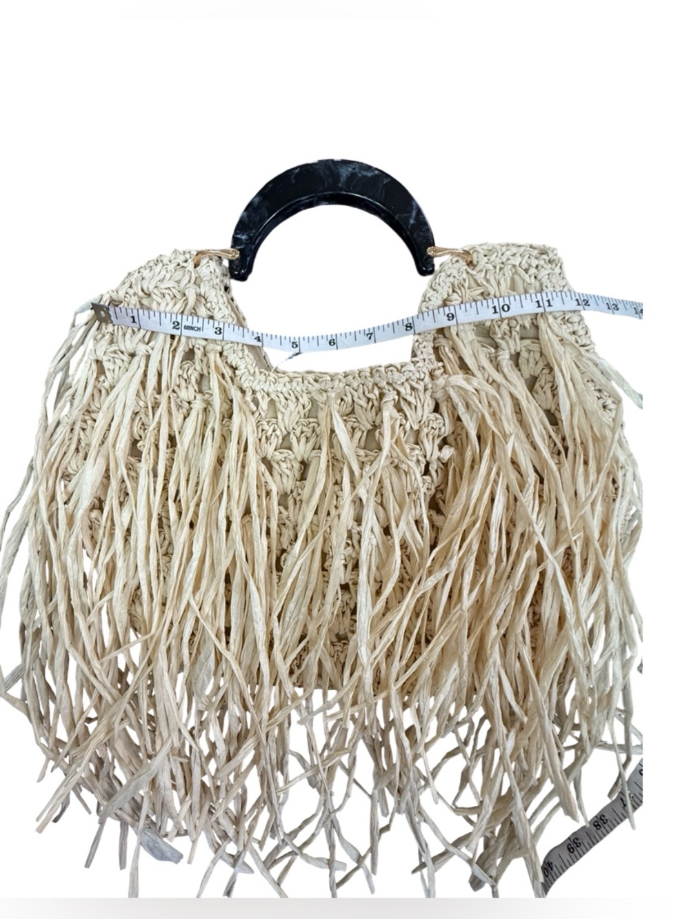 Natural Straw Fringe Tote with Black Handle - Picture 12 of 16